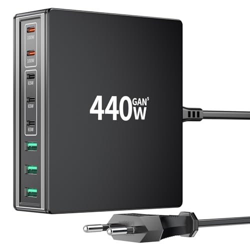 شاحن HSSNS USB-C متعدد: شاحن سريع بقدرة 440 وات و8 منافذ مع 5 منافذ USB-C و3