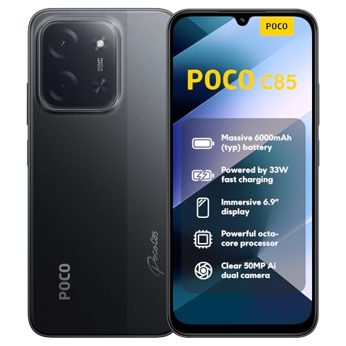 XIAOMI Poco C85، موبايل 8+256GB، موبايل بنظام أندرويد، شاشة 6.9 بوصة 120Hz بتصميم 7.99 مم، معالج MediaTek Helio G81-Ultra ثماني النواة، كاميرا مزدوجة 50MP بتقنية الذكاء الاصطناعي، بطارية 6000mAh، أسود
