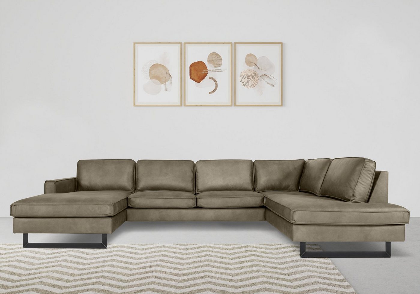 مجموعة أرائك هوم أفير "بينتو"، 350 سم، شكل U، XXL، مع أوتومان، قماش، شنيلا، مظهر جلد، مع كيدر، أرجل معدنية، دعم متموج