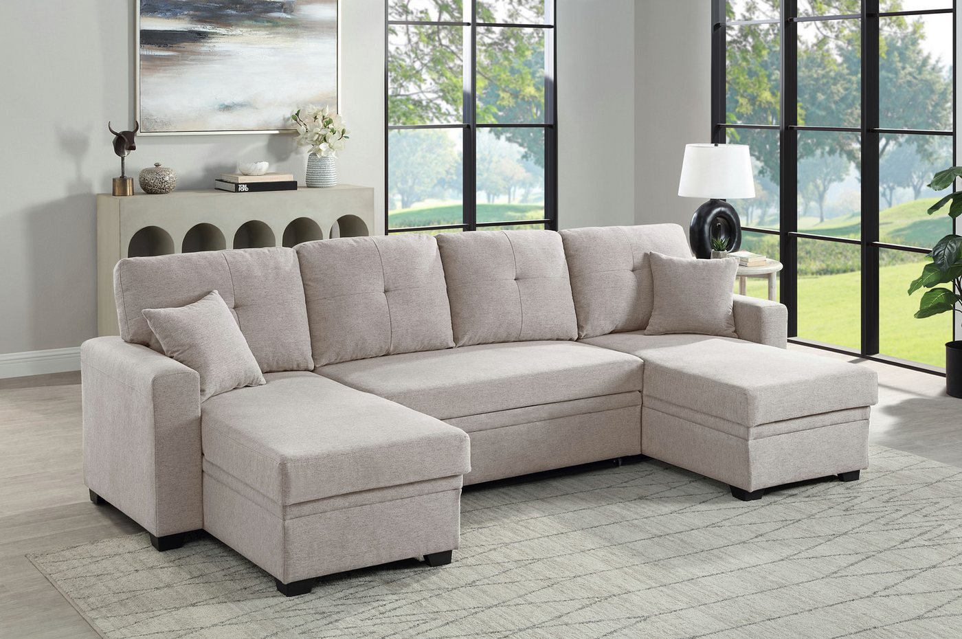 TitleAR: مجموعة ATLANTIC المنزلية أريكة Gerrit على شكل U، عرض 282 سم، مع وظيفة سرير، 2 صندوق سرير و2 وسادة زخرفية