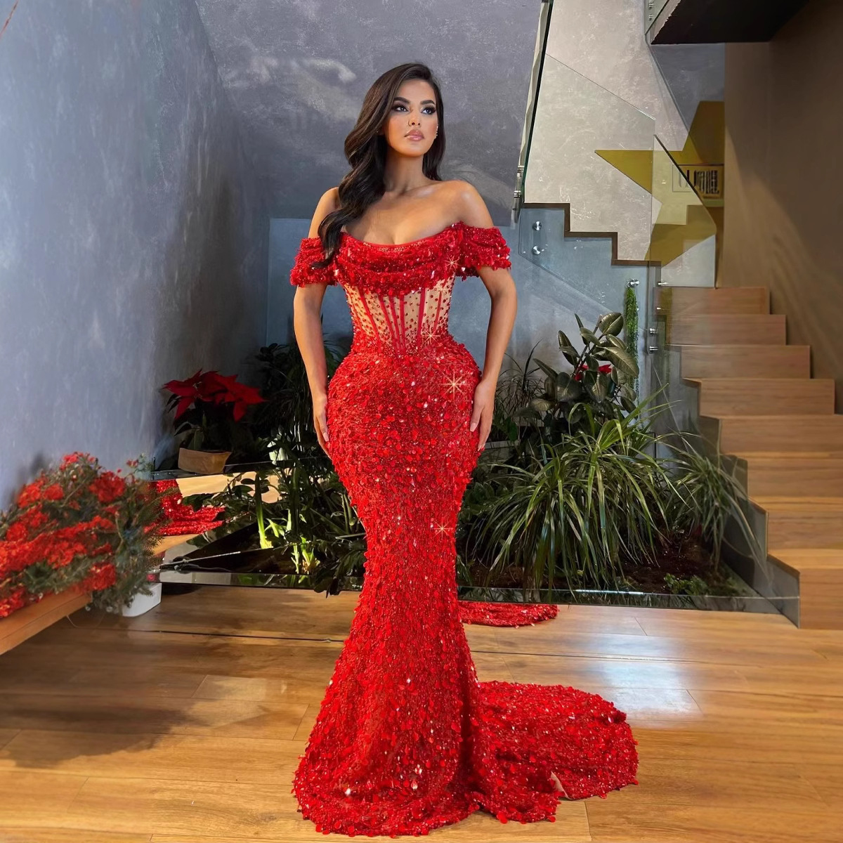 فستان سهرة أحمر بكتف واحد ضيق الخصر للسيدات