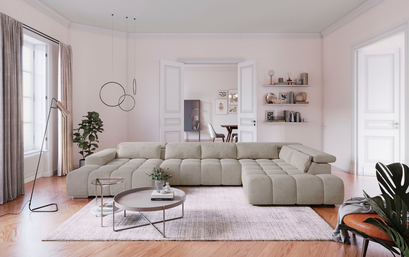 أريكة COTTA بتصميم U-Form، مع تعديل مسند الرأس و6 وسائد كلوية