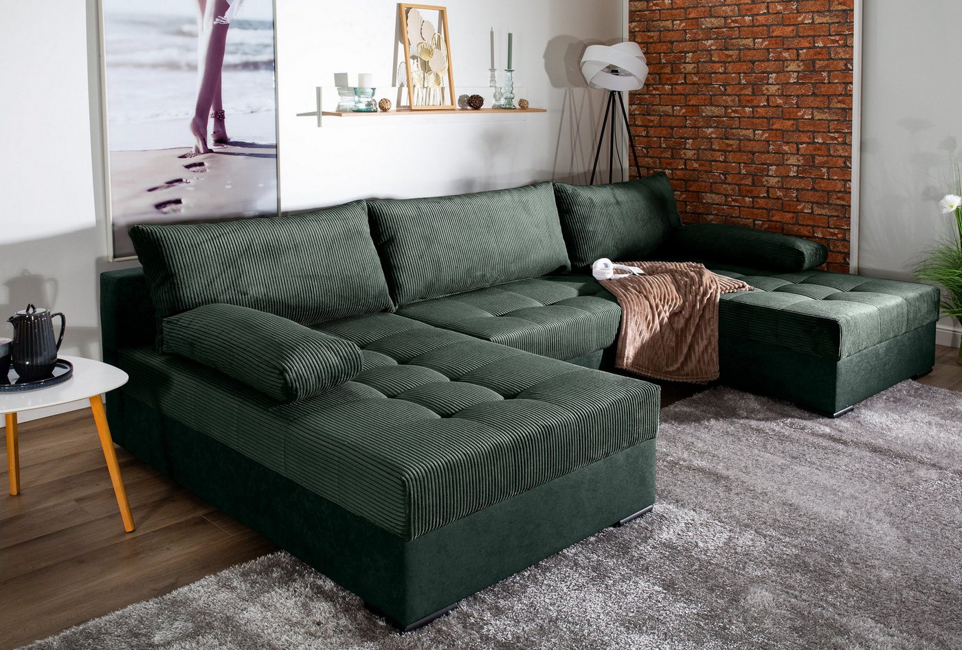 مجموعة AB أريكة جويسي على شكل U، عرض: 307 سم، مع وظيفة سرير وصندوق سرير